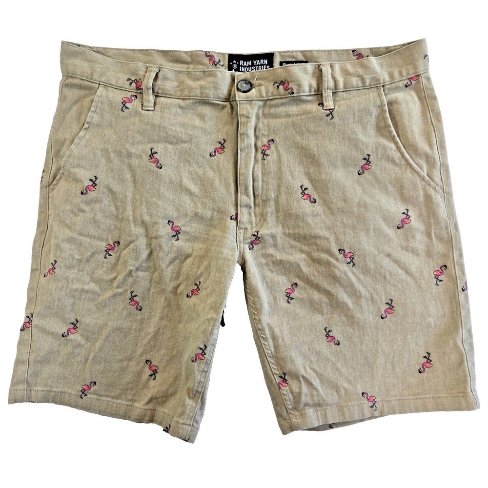 Flamingo‎ Shorts Mens 36 Khaki Stretch Twill Tropical Surf Flamingo Preppy Beach